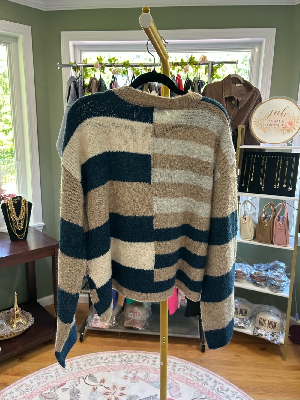 ZENANA TEAL LIGHTWEIGHT WOOL BLEND COLOR BLOCK SWEATER - Picture 3 of 3